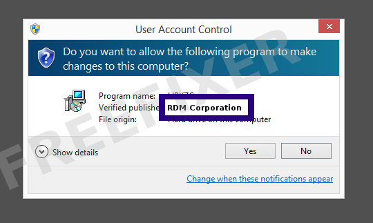 Screenshot where RDM Corporation appears as the verified publisher in the UAC dialog